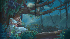 A girl peacefully sleeping under a tree in a forest at nighttime. A panther is resting above her in the tree.