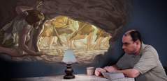 The father from the video “Imitate the Faithful, Not the Faithless​—Enoch, Not Lamech,” meditating on what he is reading in the Bible. He visualizes Enoch hiding in a cave as men with weapons search for him.