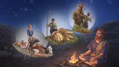 Collage: David sitting by a campfire and meditating on the ways that Jehovah had helped him. 1. He fights an attacking bear. 2. He kneels next to a dead lion. 3. He holds a sword and stands over Goliath, who is lying face down on the ground.