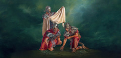 A Roman soldier inspecting Jesus’ outer garments while two other soldiers cast lots over them.