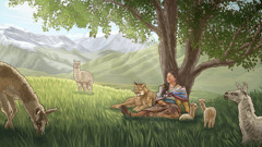 A sister in Paradise, sitting with a mountain lion under a tree while young and mature llamas graze nearby.