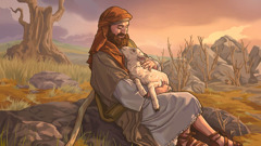 A shepherd holding and comforting a lamb.