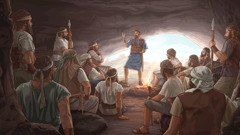 David speaking to his men in a cave.