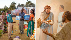 اخوة يساعدون الآخرين بطريقة عملية:‏ ١-‏ مرقس يجلب طعاما للرسول بولس.‏ ٢-‏ زوجان من الشهود يجلبان ماء وطعاما لإحدى العائلات.‏