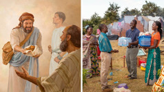 Collage: Brothers and sisters willingly help others in practical ways. 1. Mark bringing the apostle Paul some food. 2. A Witness couple bringing water and food items to a family.