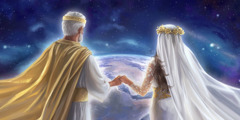 Isus și mireasa sa simbolică se țin de mână și privesc din cer înspre pământ.