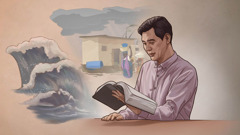 Imágenes del video “¿Está usted preparado para una emergencia?”. 1. Un hermano leyendo la Biblia. 2. Las olas de un tsunami. 3. Las nubes de una tormenta. 4. Varias personas cargando sus pertenencias a través de una zona inundada.