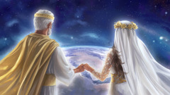 Jesus and his symbolic bride holding hands and observing the earth from heaven.