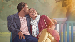 A scene from the video “For a Happy Marriage: Show Affection.” A husband tenderly kisses his wife on the forehead as they sit together on a bench.