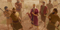 King Saul, amid his soldiers, looking up and speaking while holding the cutoff edge of his sleeveless coat.