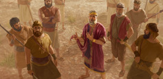 King Saul, amid his soldiers, looking up and speaking while holding the cutoff edge of his sleeveless coat.