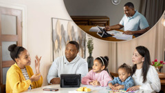 Collage: 1. A father prepares beforehand for family worship. 2. Later, the father conducts family worship with his wife and three daughters.