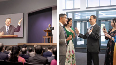 Collage: 1. A brother gives a talk at an assembly. 2. Later, the brother receives praise and attention from others, but he humbly refuses the glory.