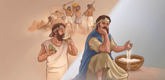 Collage: An Israelite man remembering life back in Egypt as he glumly sifts manna through his fingers. 1. He eats a watermelon. 2. Egyptians beat and mistreat Israelite slaves.