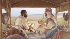 Philip the evangelizer explaining the Scriptures to the Ethiopian man in his chariot.