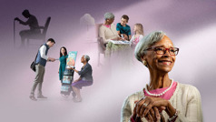 Collage: A faithful sister coping with the limitations of old age. 1. She holds on to a cane while sitting down and praying. 2. She is doing public witnessing with a young sister. 3. She is showing a photo album to young children from her congregation. 4. She is smiling and looking confident, encouraged, and is feeling valued.