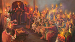 ‘Línguas de fogo’ aparecem sobre a cabeça de cerca de 120 discípulos e ‘todos ficam cheios de espírito santo’.