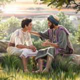 King Solomon sitting outdoors with his son, giving him advice.