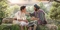 King Solomon sitting outdoors with his son, giving him advice.