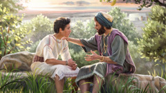 King Solomon sitting outdoors with his son, giving him advice.