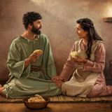 Um casal no Israel antigo comendo pão numa refeição simples, em sua casa humilde.