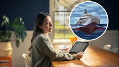 A sister meditating on what she read while she studies on her tablet; an inset of a ship with its stabilizers extended during a storm.