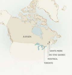 ’n Kaart wat stede in Kanada wys waar Léonce Crépeault gedien het: Sainte-Marie, die stad Quebec, Montreal en Toronto.