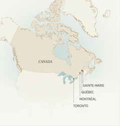 Carte indiquant les villes du Canada où Léonce Crépeault a servi : Sainte-Marie, Québec, Montréal et Toronto.