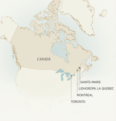 Mapa yi yeyedzago madhoropa ya Canadá omu Léonce Crépeault a thumedego umo: Sainte-Marie, lidhoropa la Quebec, Montreal, ni Toronto.