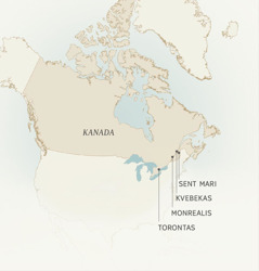 Žemėlapyje pažymėti Kanados miestai, kuriuose tarnavo Lėonsas Krėpo: Sent Mari, Kvebekas, Monrealis ir Torontas.