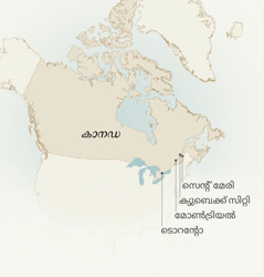ലാവോൺസ്‌ ക്രാപോ സേവിച്ച കാനഡയിലെ നഗരങ്ങൾ കാണിക്കുന്ന ഒരു ഭൂപടം: സെന്റ്‌ മേരി, ക്യുബെക്ക്‌ സിറ്റി, മോൺട്രിയൽ, ടൊറന്റോ