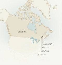 Քարտեզ, որում ցույց են տրված Կանադայի այն քաղաքները, որտեղ ծառայել է Լեոնս Կրեպոն. Սենտ Մարի, Քվեբեկ, Մոնրեալ և Տորոնտո