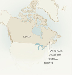 A map showing Canadian cities where Léonce Crépeault served: Sainte-Marie, Quebec City, Montreal, and Toronto.