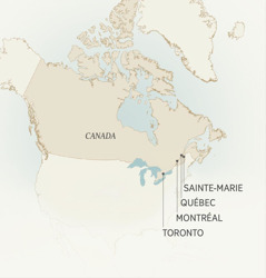 Karte ilangiliile mizi ya mu Canada elia yaabombeelemo Léonce Crépeault: Sainte-Marie, Québec, Montréal, ni Toronto.