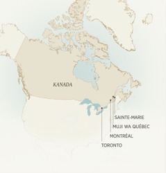 Karte yenye kuonyesha miji ya Kanada kwenye Léonce Crépeault alitumikia: Sainte-Marie, Muji wa Québec, Montréal, na Toronto.