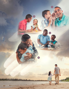 Colaj: Mâna lui Iehova în spatele unor imagini care prezintă tați și pe copiii lor, ilustrând cum Iehova se îngrijește de noi. 1. Un tată își ascultă cu atenție fiul. 2. Un tată ia masa împreună cu fiica lui. 3. Un tată și fiul lui spală vase împreună. 4. Un tată își îmbrățișează băiatul. 5. Un tată își ține de mână fetița în timp ce se plimbă pe plajă.