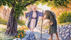 The lost son of Jesus’ parable standing with his head bowed while his father is running to welcome him back home with open arms.