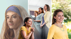 Collage: 1. Hannah smiling and with a peaceful look on her face. 2. A sister fervently praying to Jehovah. 3. The same sister is joyfully singing at a meeting. 4. The sister is smiling as she reflects inner peace.