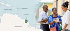 Collage: 1. A map showing the Caribbean Sea, Guadeloupe, and the South American country of French Guiana. 2. Jack and Marie-Line talking to a woman in the field ministry.