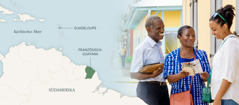 Bild: 1. Landkarte mit dem Karibischen Meer, der Insel Guadeloupe und dem südamerikanischen Land Französisch-Guayana. 2. Jack und Marie-Line sprechen im Predigtdienst mit einer Frau.