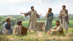 Jesus praat met ’n paar van sy dissipels by ’n garsland.