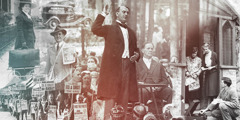 Collage: Historic preaching scenes. 1. A sister with a Dawn-Mobile, a two-wheeled suitcase full of books. 2. Brothers and sisters wearing placards and holding signs. 3. A sound car. 4. A brother holding a magazine. 5. Joseph F. Rutherford speaking at a convention. 6. A brother playing a record on a phonograph as two householders are listening.