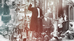 Collage: Historic preaching scenes. 1. A sister with a Dawn-Mobile, a two-wheeled suitcase full of books. 2. Brothers and sisters wearing placards and holding signs. 3. A sound car. 4. A brother holding a magazine. 5. Joseph F. Rutherford speaking at a convention. 6. A brother playing a record on a phonograph as two householders are listening.