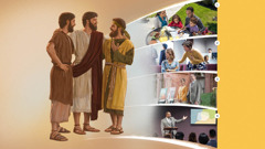 Jesus com os braços nos ombros de dois de seus discípulos. Colagem: Passos que tomamos para ser amigo de Jesus. 1. Uma família fazendo a adoração em família. 2. No Salão do Reino, uma irmã tenta falar com outra irmã que parece que está ofendida. 3. Um casal no testemunho público com carrinhos de publicações. 4. Numa reunião, um ancião mostra para a congregação o mapa do seu território numa televisão.