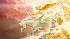 Jezus rijdt op een wit paard, klaar om een pijl af te schieten. Andere engelen rijden op witte paarden en hebben zwaarden vast.