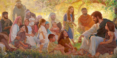 Γονείς μαζί με τα παιδιά τους ακούν τον Ιησού καθώς τους διδάσκει.