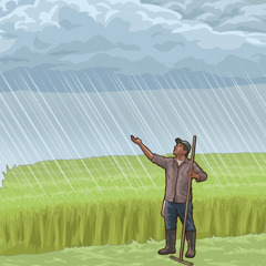 חקלאי מביט בשמיים בזמן שהגשם יורד.‏