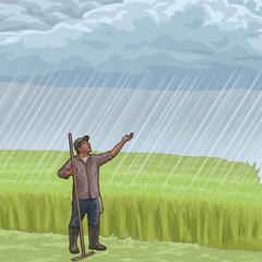 Um agricultor olha a chuva cair do céu.