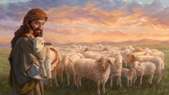 Die herder dra die verlore lammetjie. Die lammetjie se seerplekkie is verbind, en die res van die kudde is by die herder.
