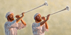 Two Israelite priests blowing long trumpets.
